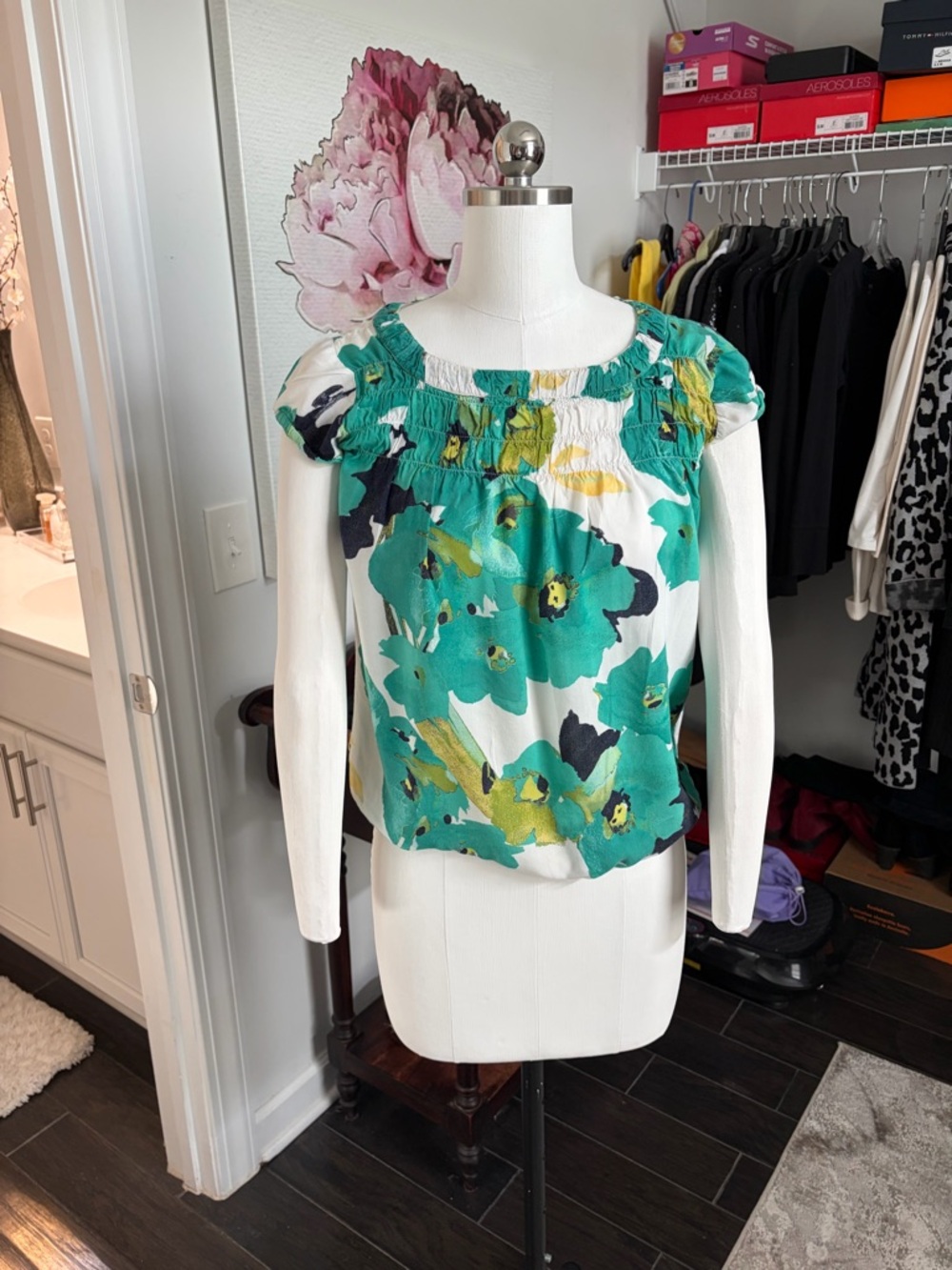 LOFT Teal and White Floral Smocked Square-Neck Top